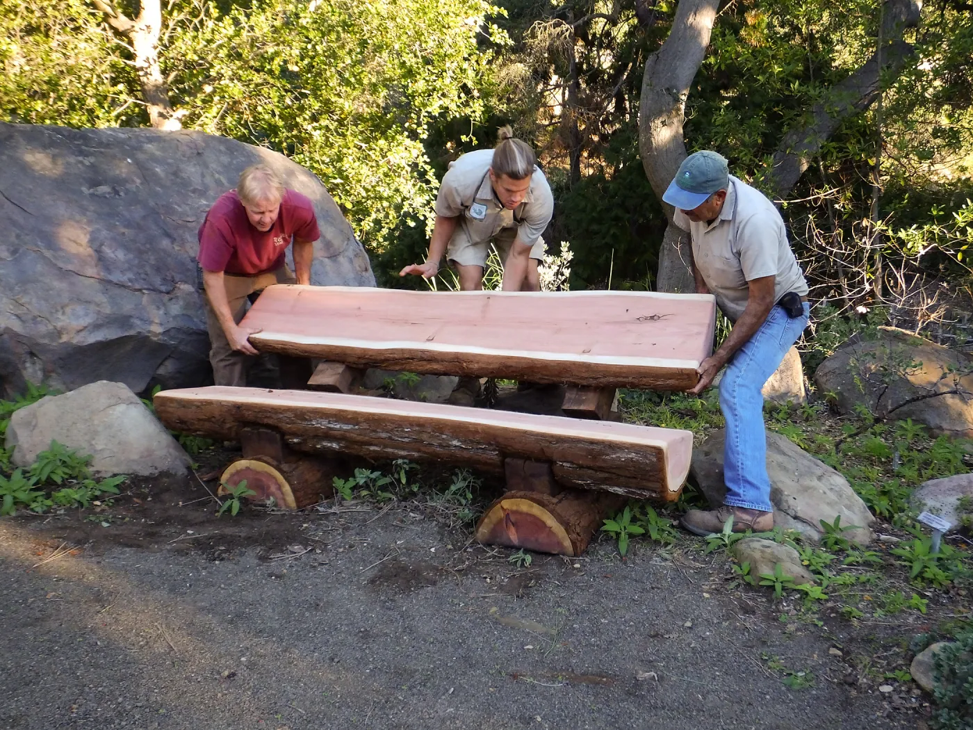 Installation of the Bobbie Jones bench, made from the giant sequoia removed from the Arroyo Section