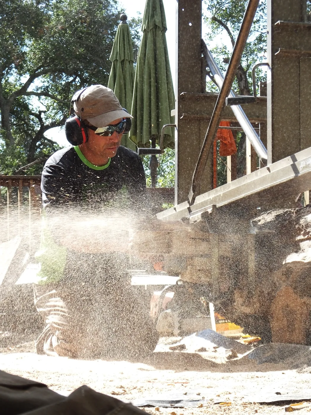 Trunk of former Cottage Oak (Coastal Live Oak)being milled into slabs by Ed Smith of Local Wood