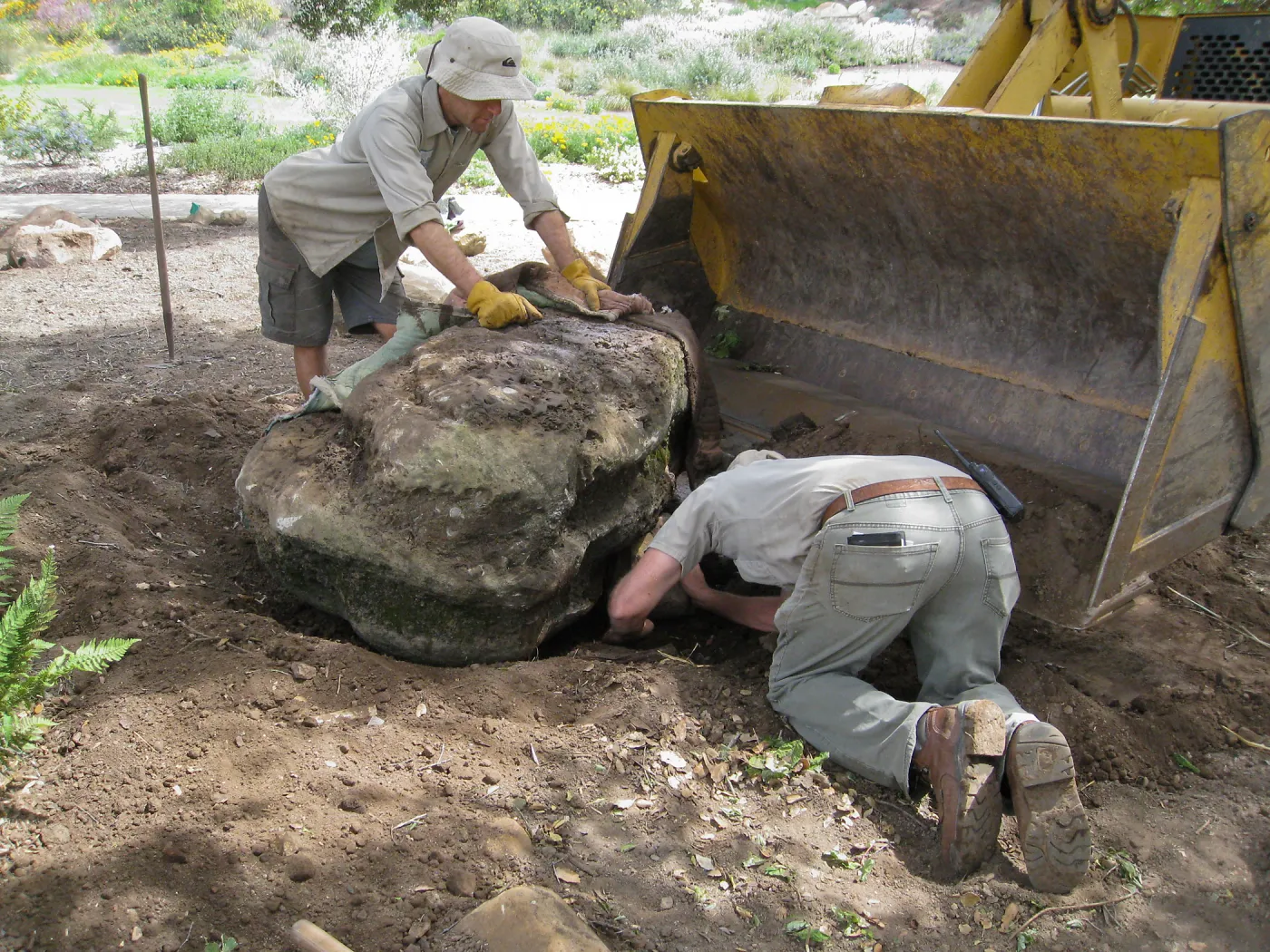 Moving boulders for bed on north side of Meadow Oaks