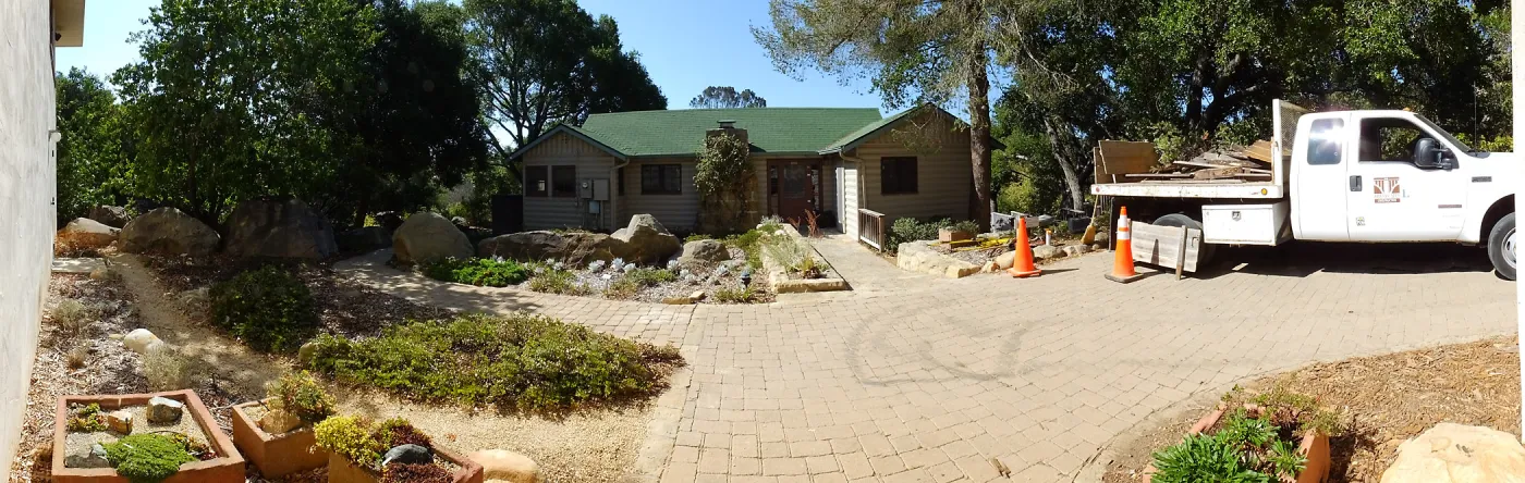 Home Demonstration Garden Renovation, view 1, panorama of north side of Cottage, first day of demolition work