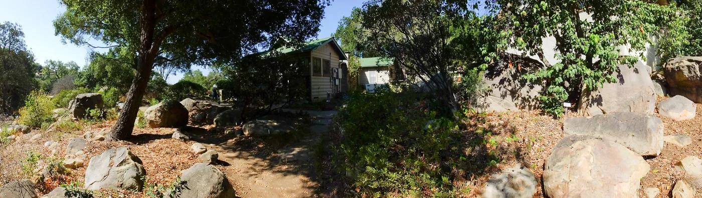 Home Demonstration Garden Renovation, view 5, panorama of northeast side of Cottage, first day of demolition work