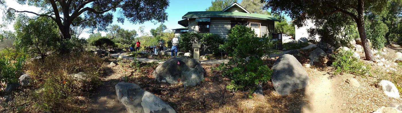 Home Demonstration Garden Renovation, view 9, panorama of east side of Cottage, first day of demolition work