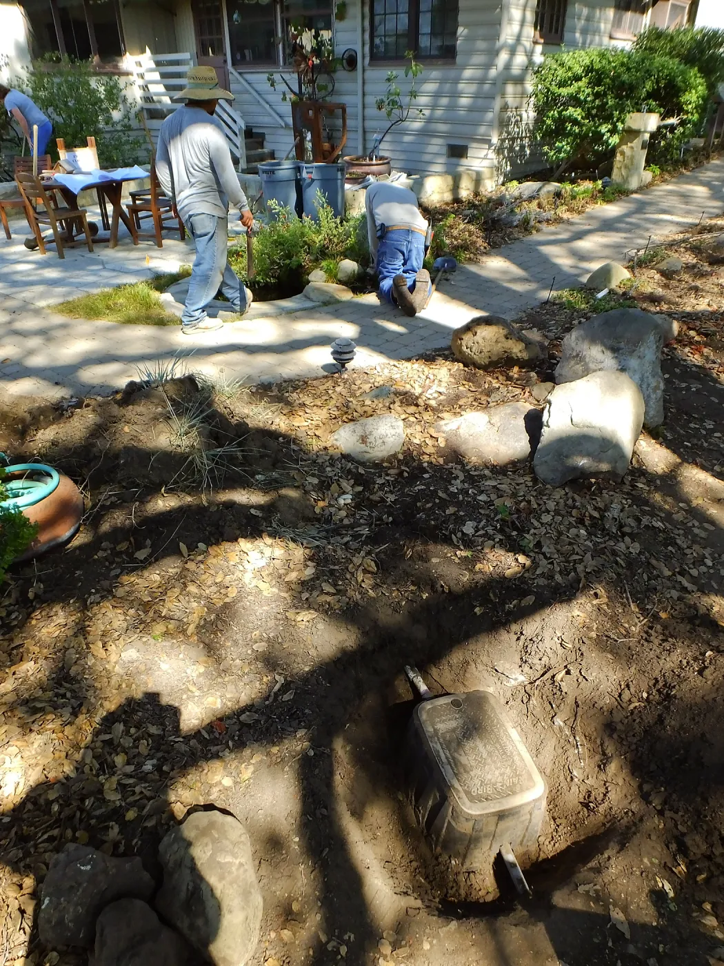 Home Demonstration Garden Renovation, first day of demolition work, irrigation box