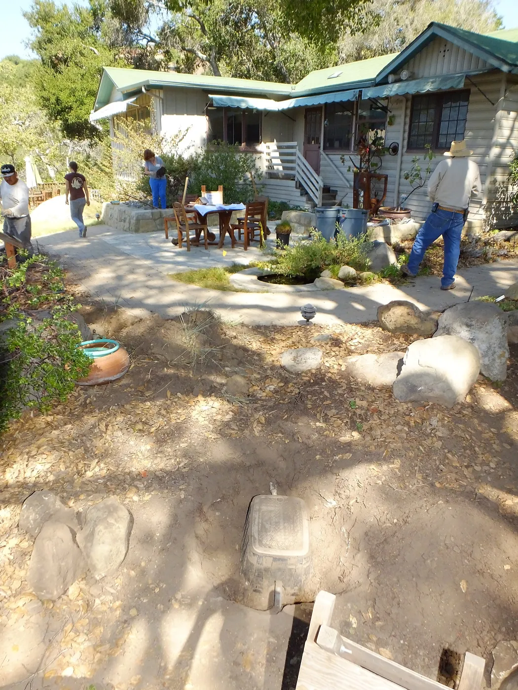 Home Demonstration Garden Renovation, first day of demolition work, irrigation box