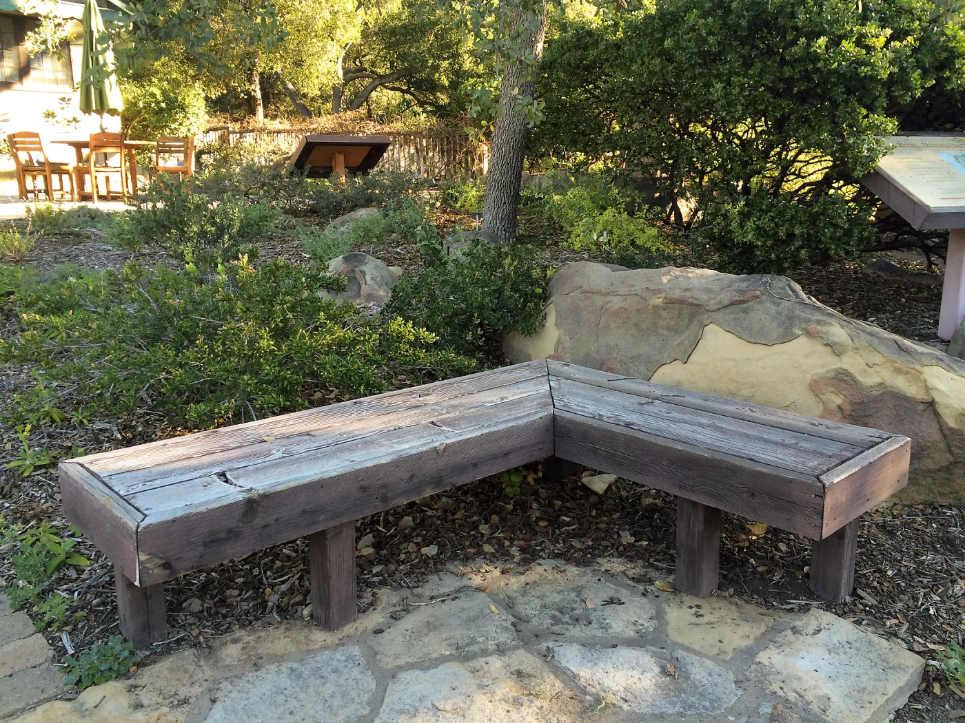 Wood benches at Home Demonstration Garden entrance
