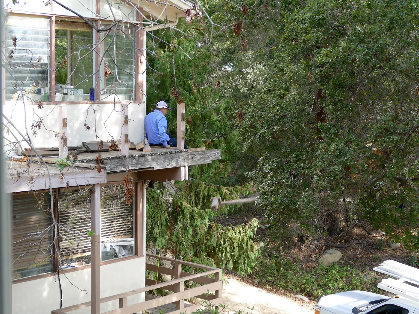 Library structural repair work, east side decking