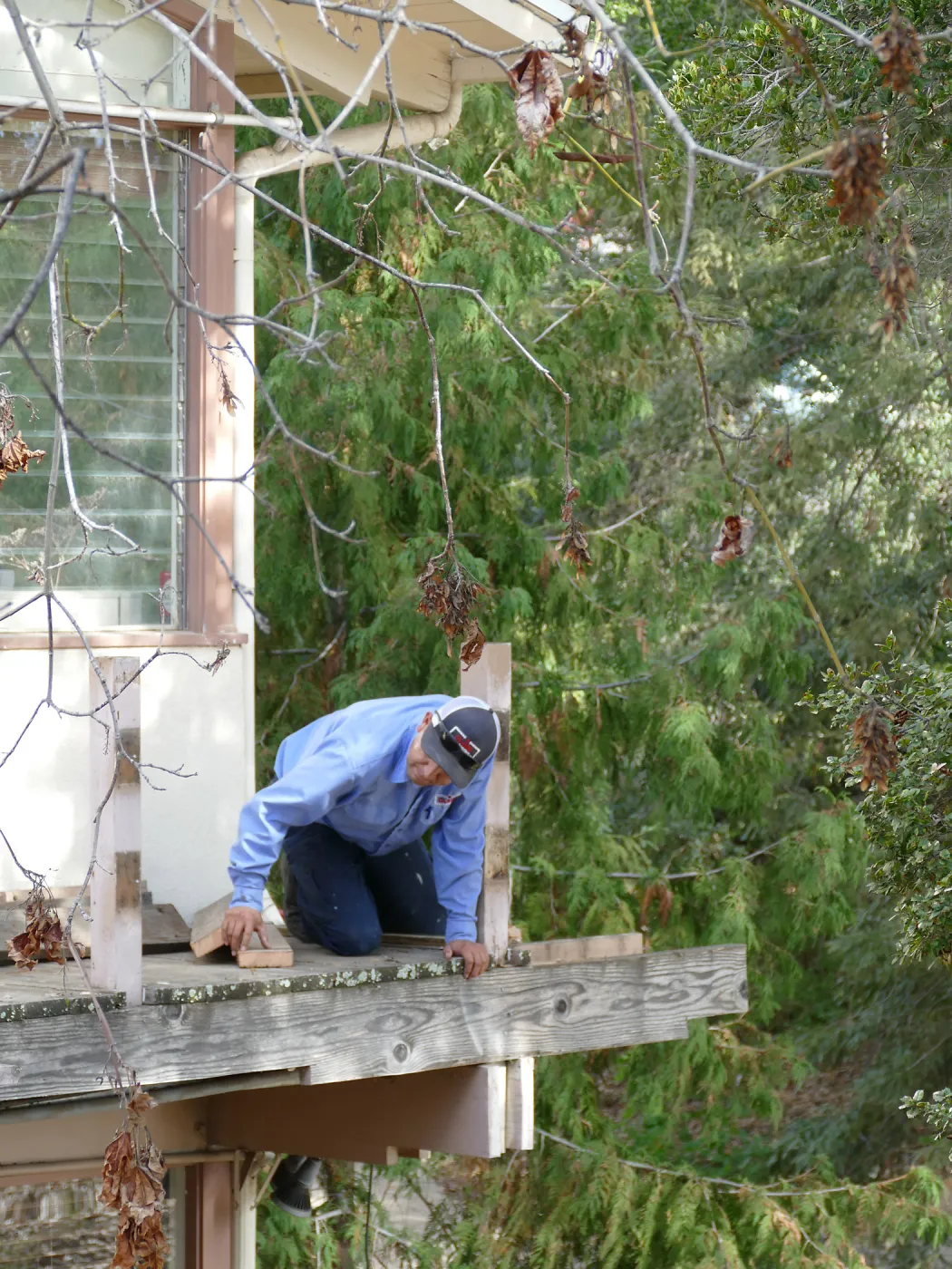 Library structural repair work, east side decking