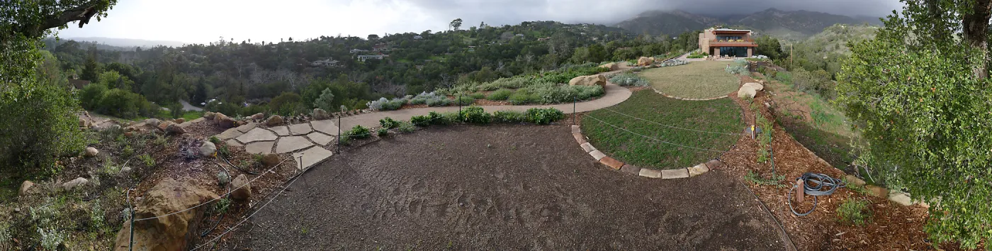Island View Garden, panorama from boulder near south steps