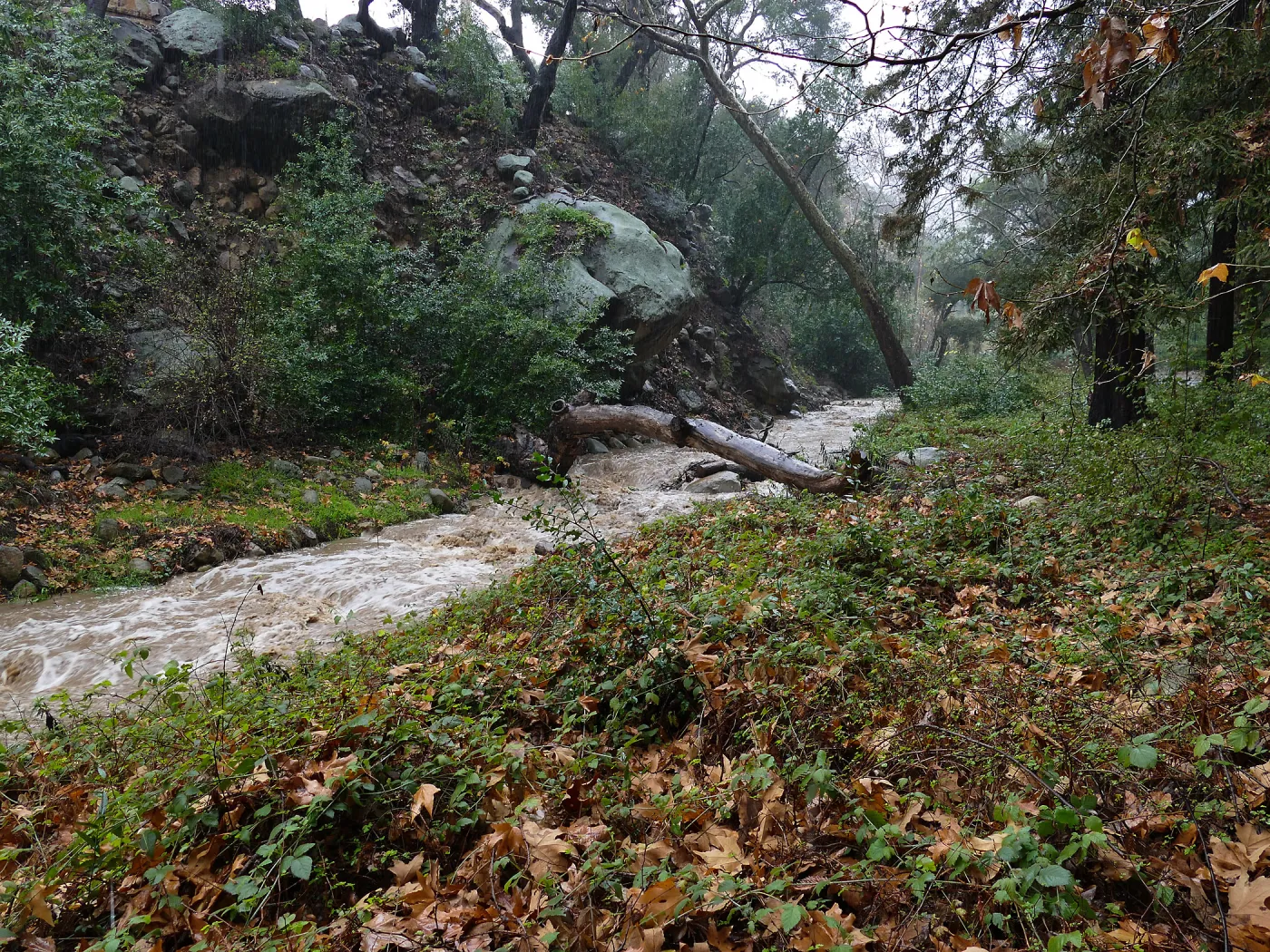 Mission Creek above dam during rainstorm