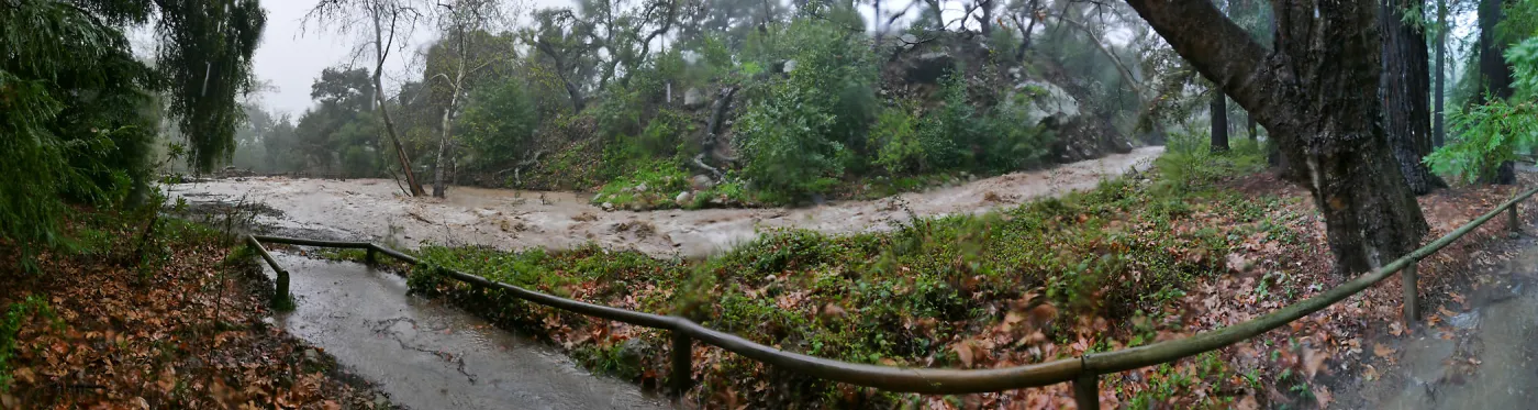 Panorama of Mission Creek flowing past Redwood Section during rainstorm