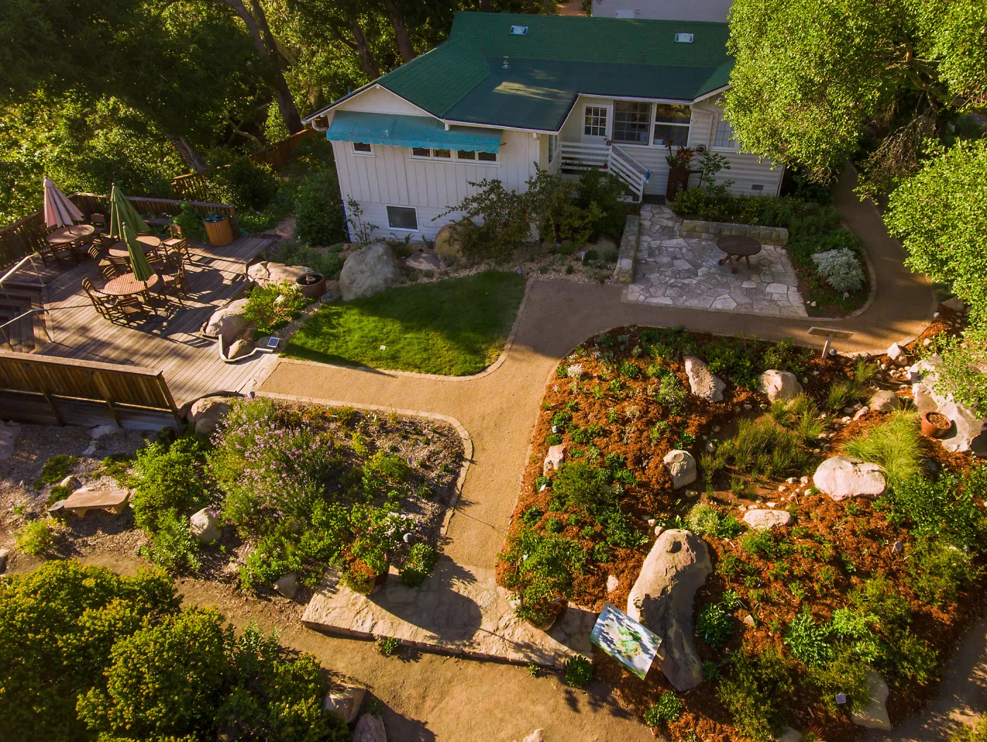 Aerial view of Home Demonstration Deck, Cottage, and Water Wise Home Garden