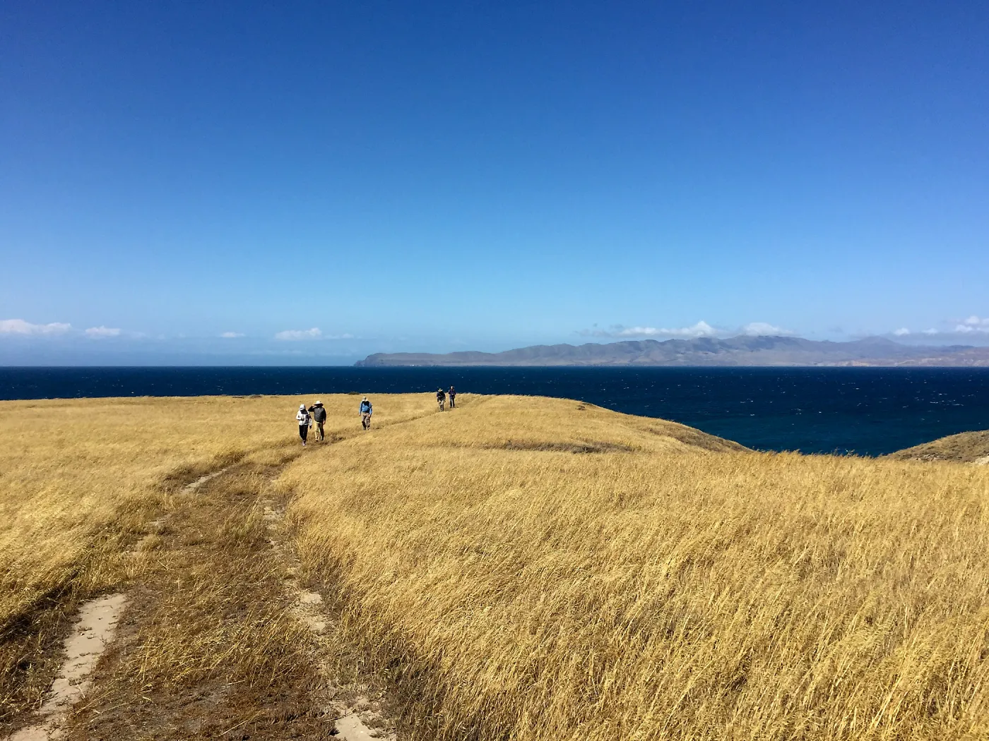 Santa Rosa Island Trip, group hiking along bluff looking out towards Santa Cruz Island