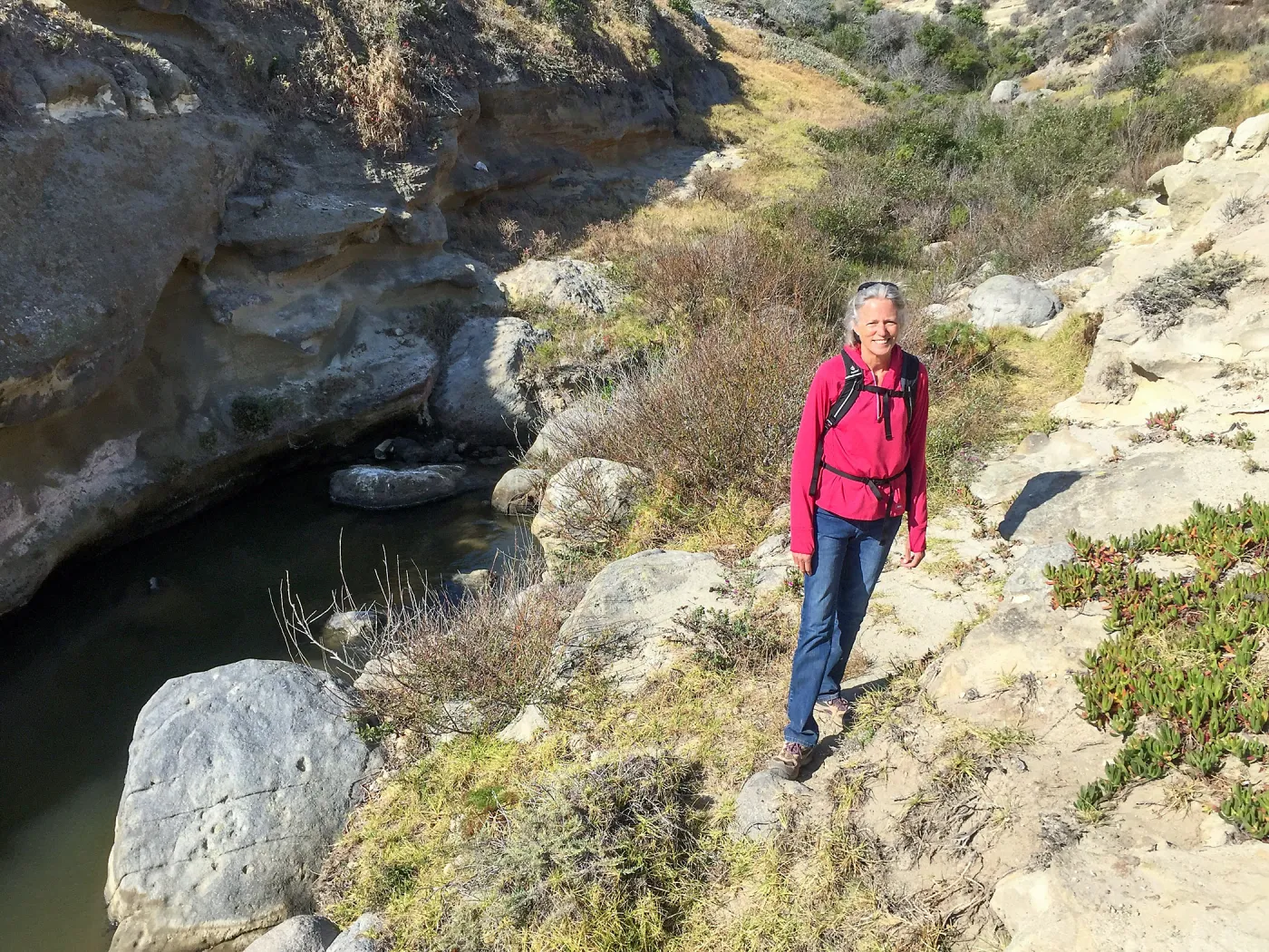 Santa Rosa Island Trip, Nancy Deacon-Davis hiking along slough