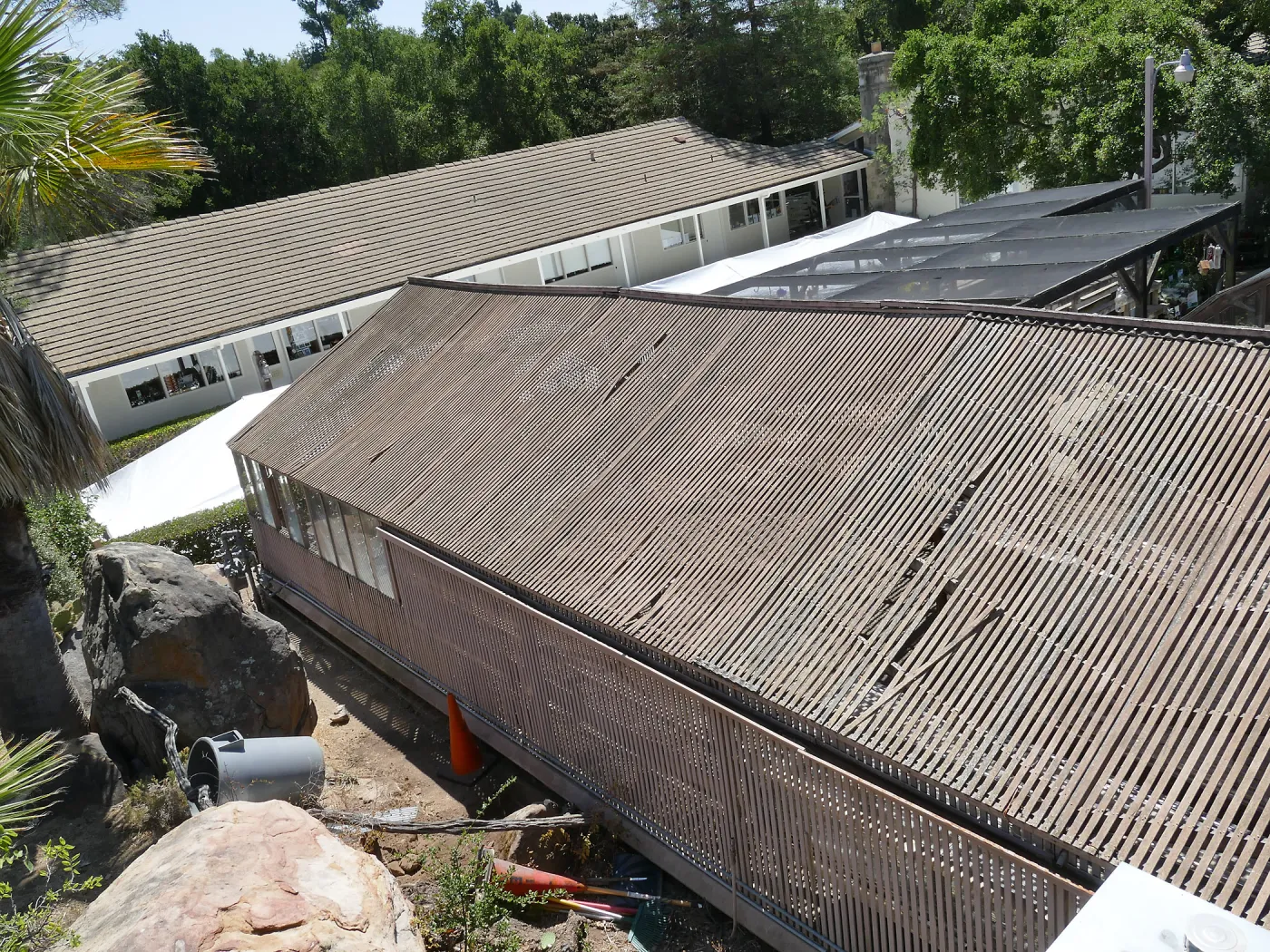 Garden Growers Lath House before start of repairs. Northeast side of roof.