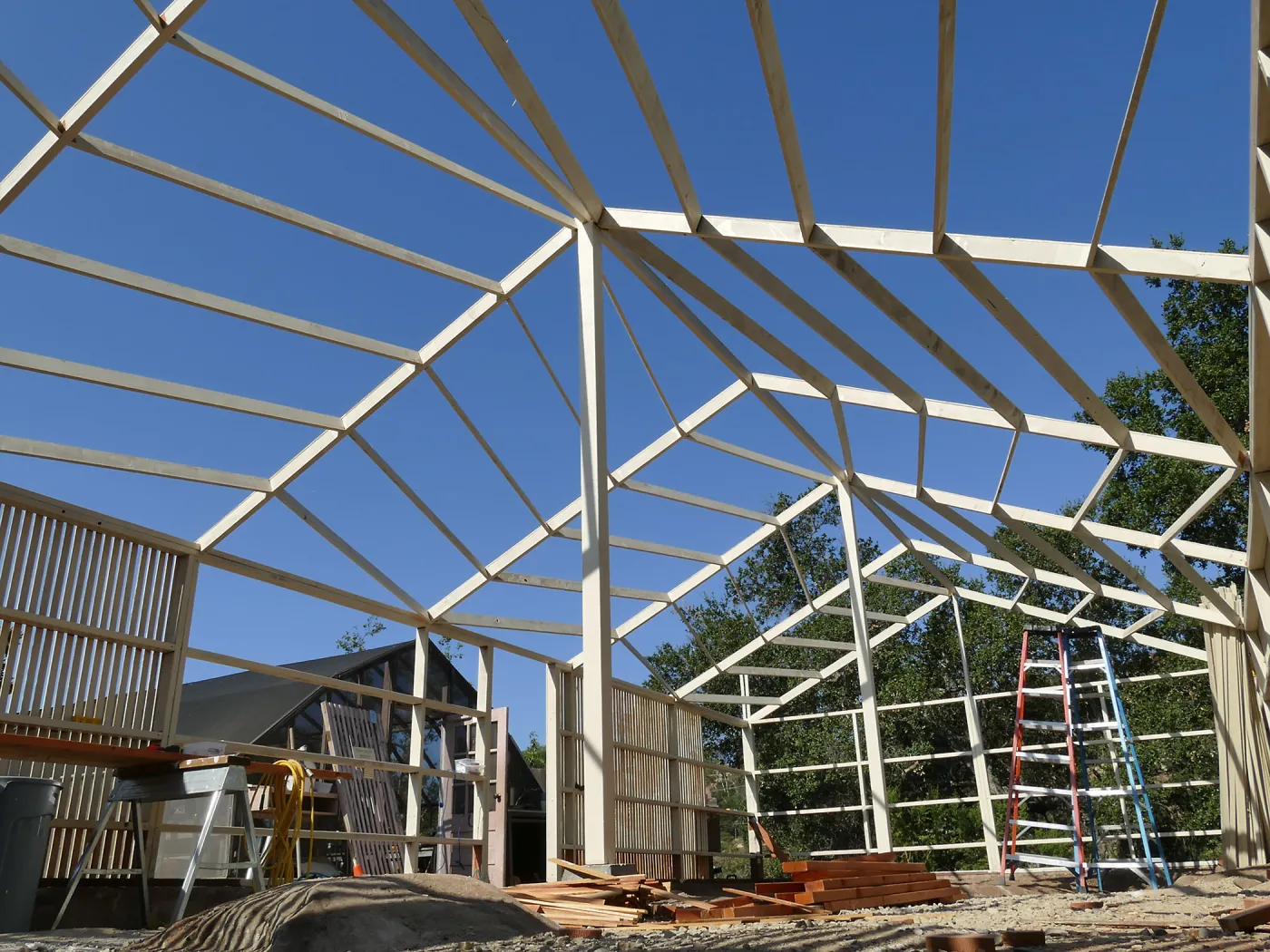 Garden Growers Lath House during repairs, looking southwest across interior