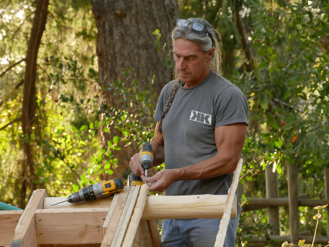 Teahouse & Garden Improvements 2017; Ken Kutcher working on roof details