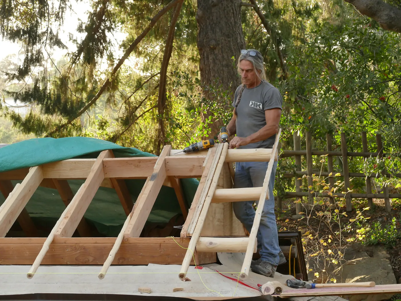 Teahouse & Garden Improvements 2017; Ken Kutcher working on roof details