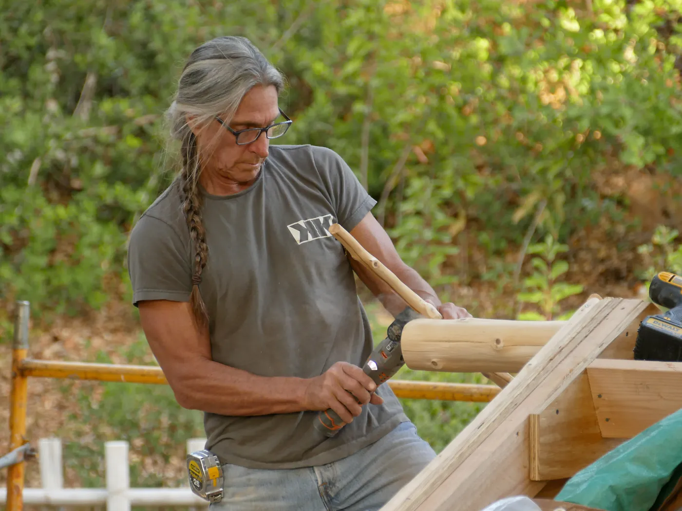 Teahouse & Garden Improvements 2017; Ken Kutcher working on roof details