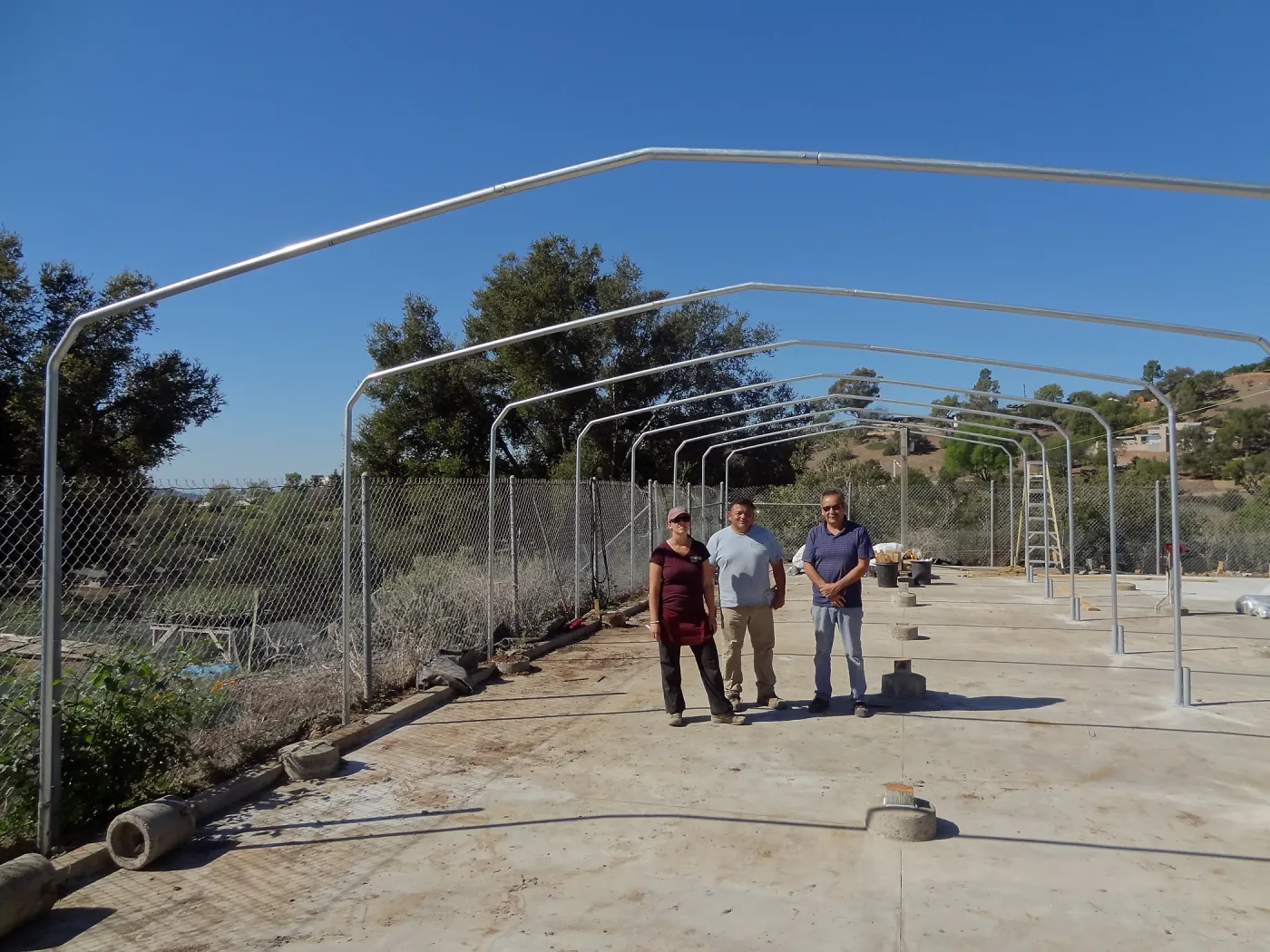 Construction at the Hort Unit, SBBG staff install the new shade structure, Heather Wehnau, James Lechuga, Michael Delgado