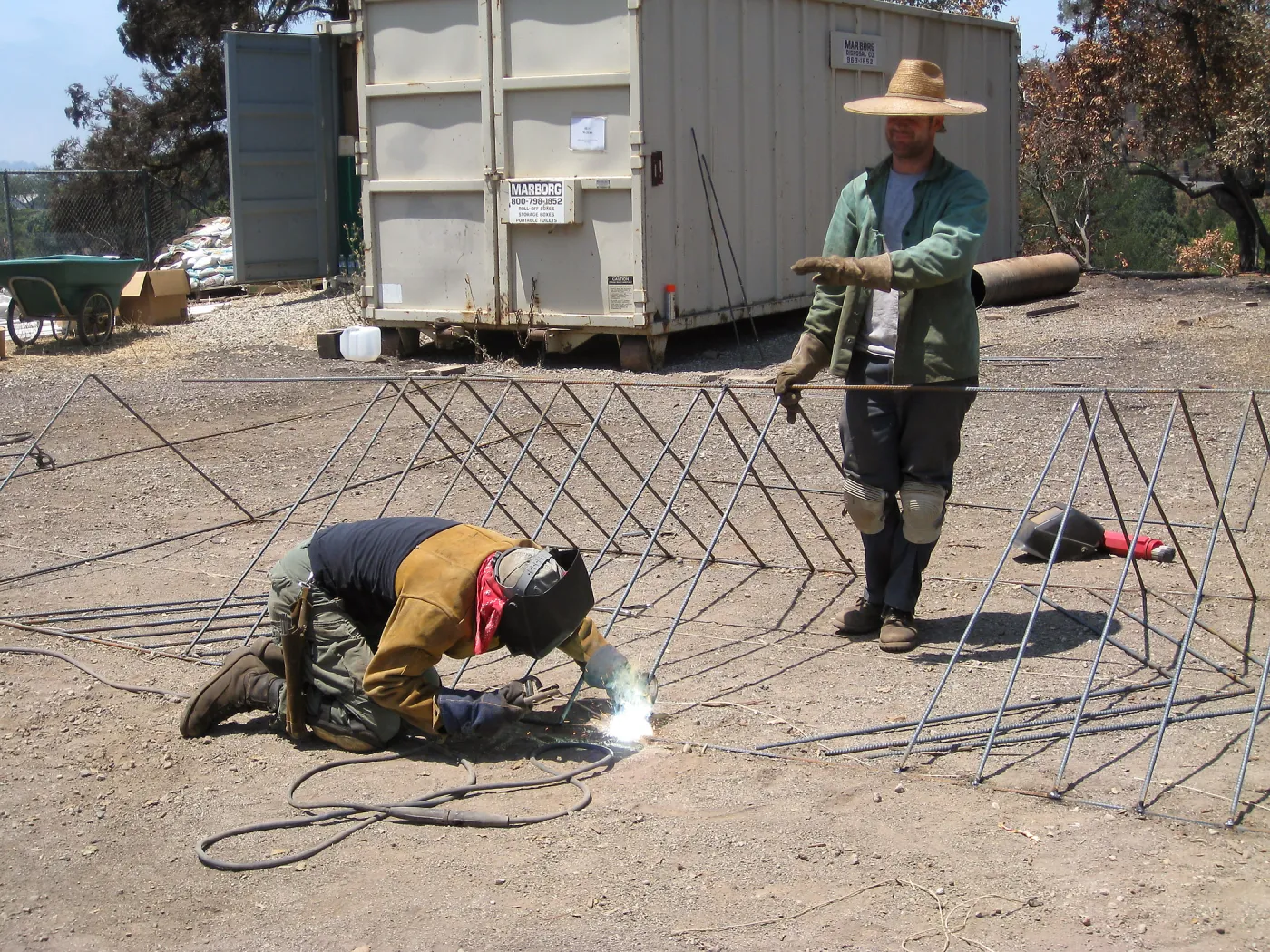 Construction of Herb Parker's â€˜Haven' labyrinth, welding roof framework