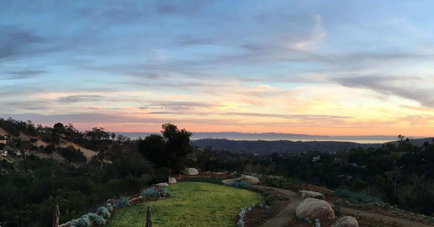 View to islands from Island View Garden at sunset