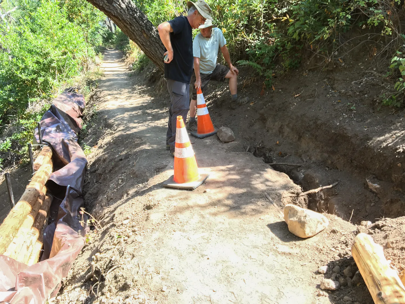 Rebuilding Pritchett Trail, Aqueduct exposed. Don Jack and Dave Kershaw