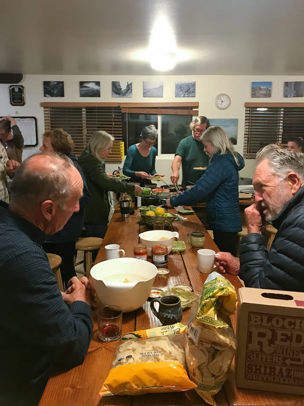 Dennis Houghton and John Kuizenga in foreground, Shared dinner, Santa Rosa Island Research Station Lodge Kitchen