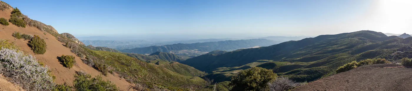 Panorama looking southwest over upper Ojai and towards Sulfur mountains, Foot path/Red reef trail east of Nordhoff Ridge Road, Ojai, CA, Thomas Fire Survey - Mapping Recovery project