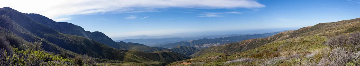 Panorama looking southwest over upper Ojai and towards Sulfur mountains, Elder Camp on Nordhoff Ridge Road, Ojai, CA, Thomas Fire Survey - Mapping Recovery project