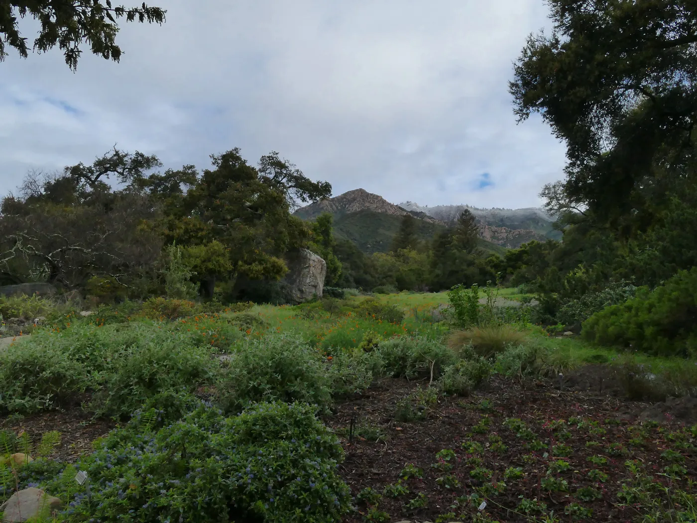 Entrance display with vista to snow-dusted Santa Ynez Mountains