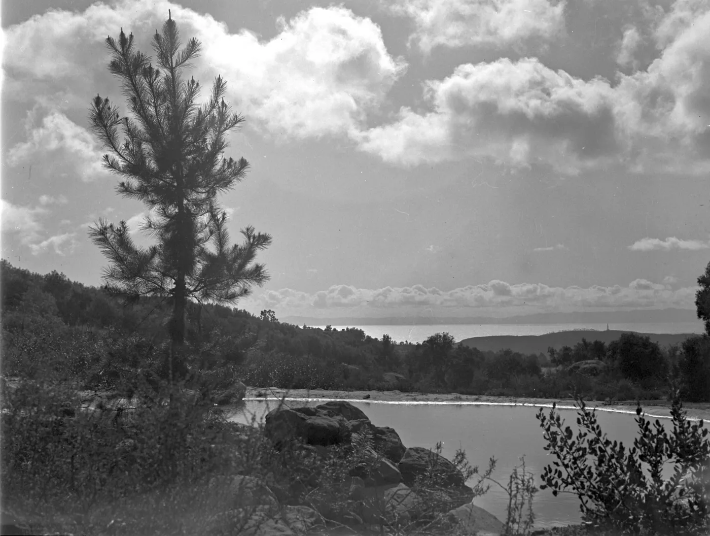 Mountain lake at north end of meadow with view to Santa Cruz Island