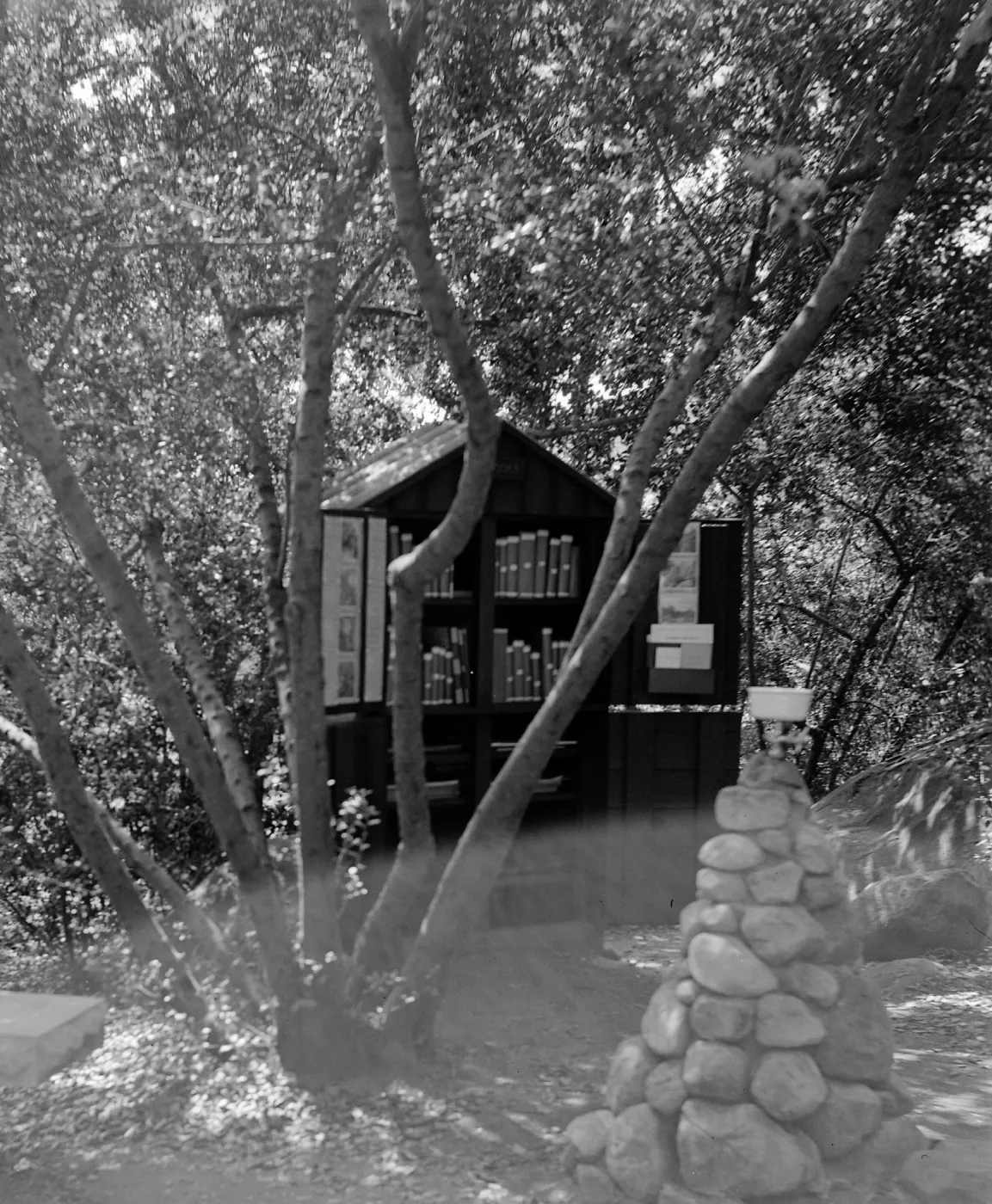 Historic Library cabinet, old-style stone bench, stone drinking fountain