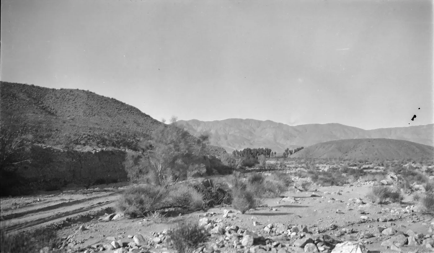 Black and white photograph of a desert landscape with brush and a hill in the foreground and a mountain range in the distance.