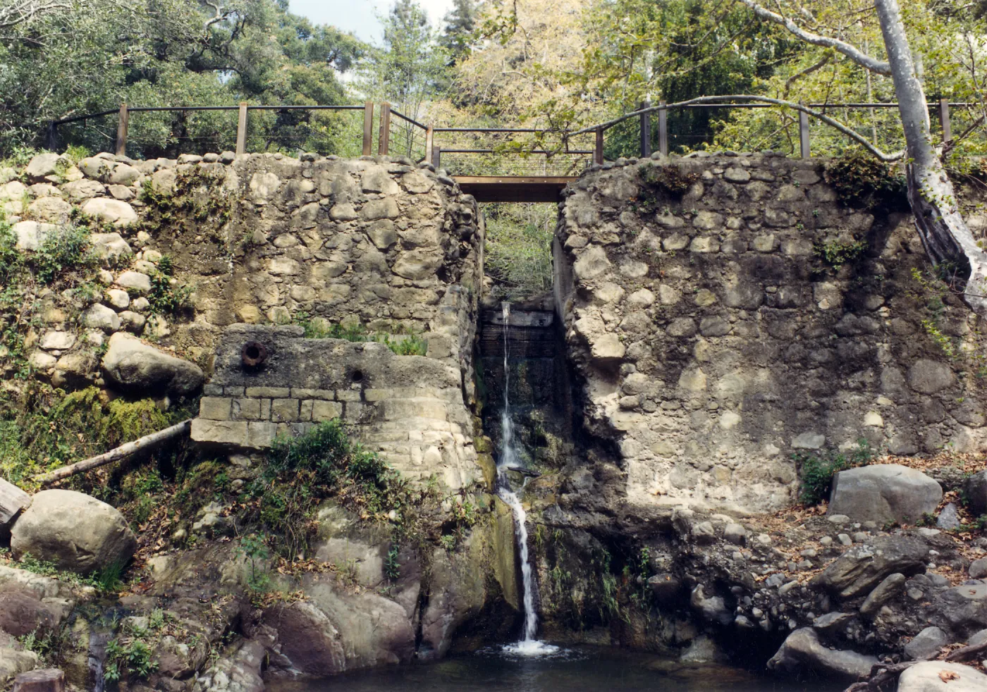 modern railing and footbridge, Mission Dam, SBBG