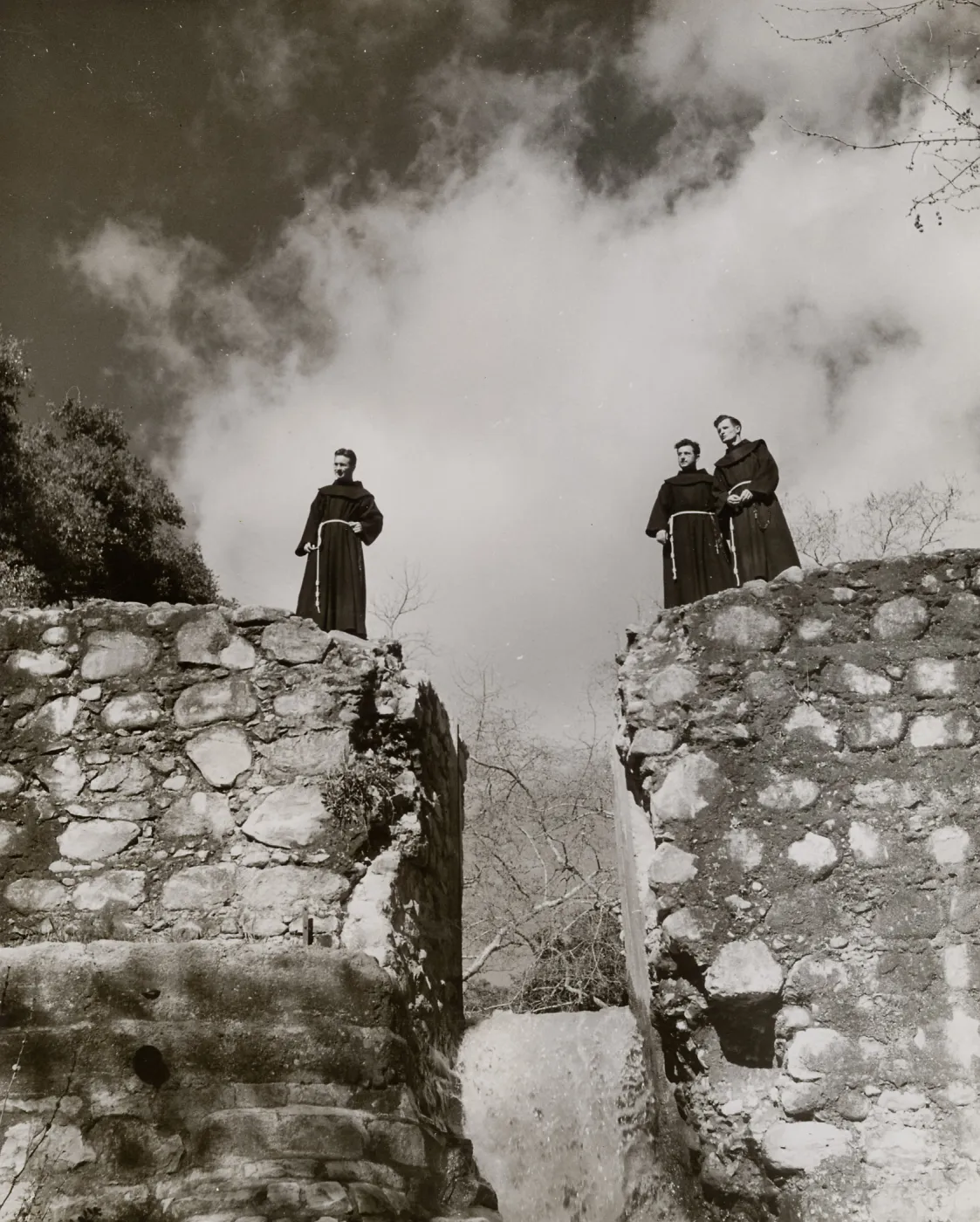 Friars (padres) at Mission Dam, before 1940