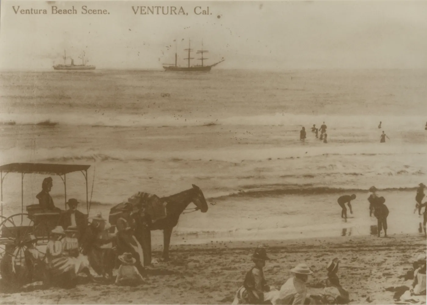 Ventura Beach Scene with Horse, Buggy, Ships in Ocean