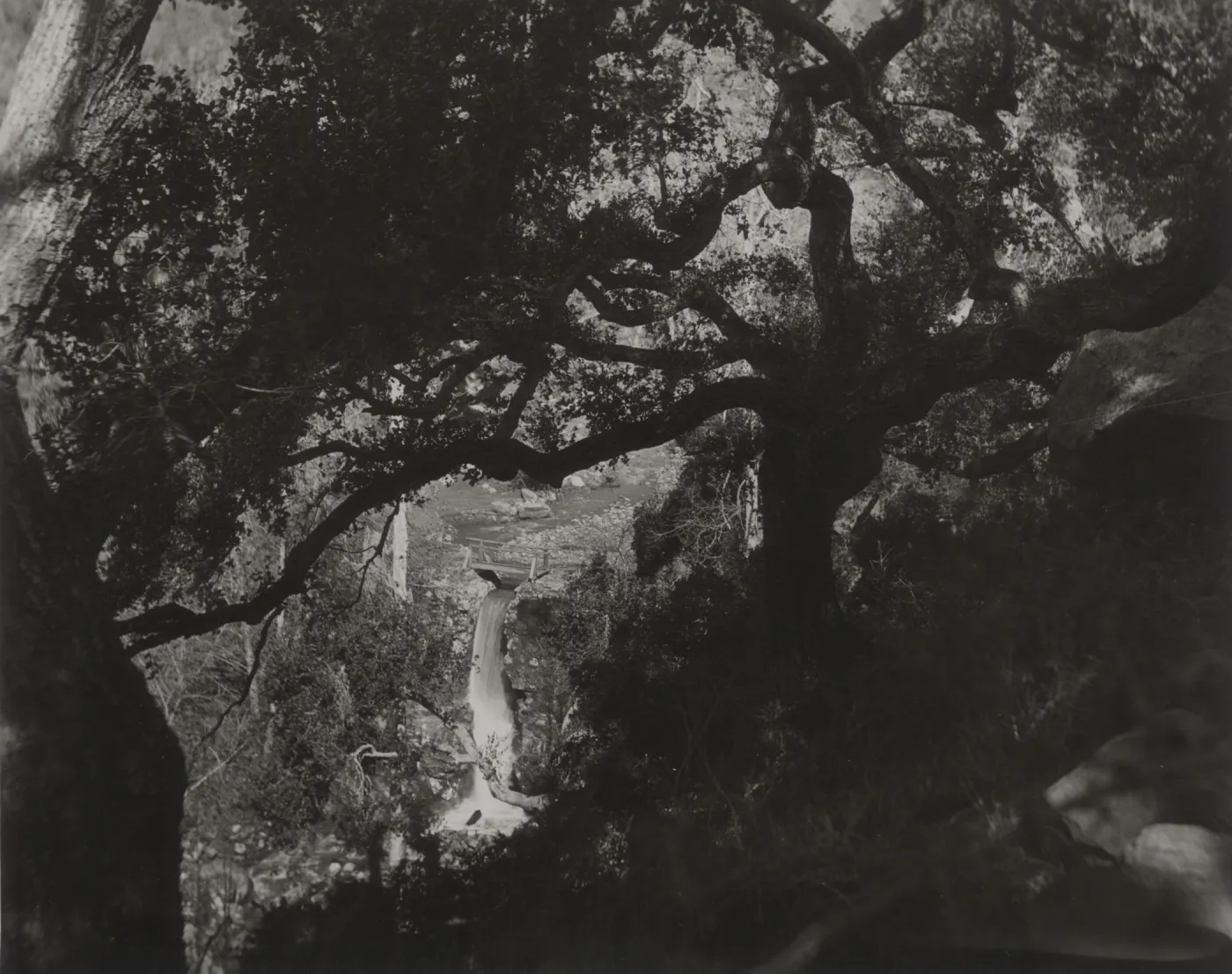 view of waterfall over Mission Dam, circa 1942