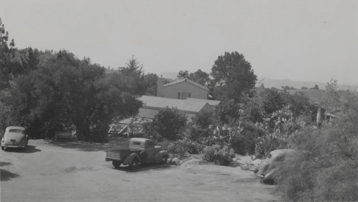 Blaksley Library, previous to relocation of the Lath house and Maintenance Shed