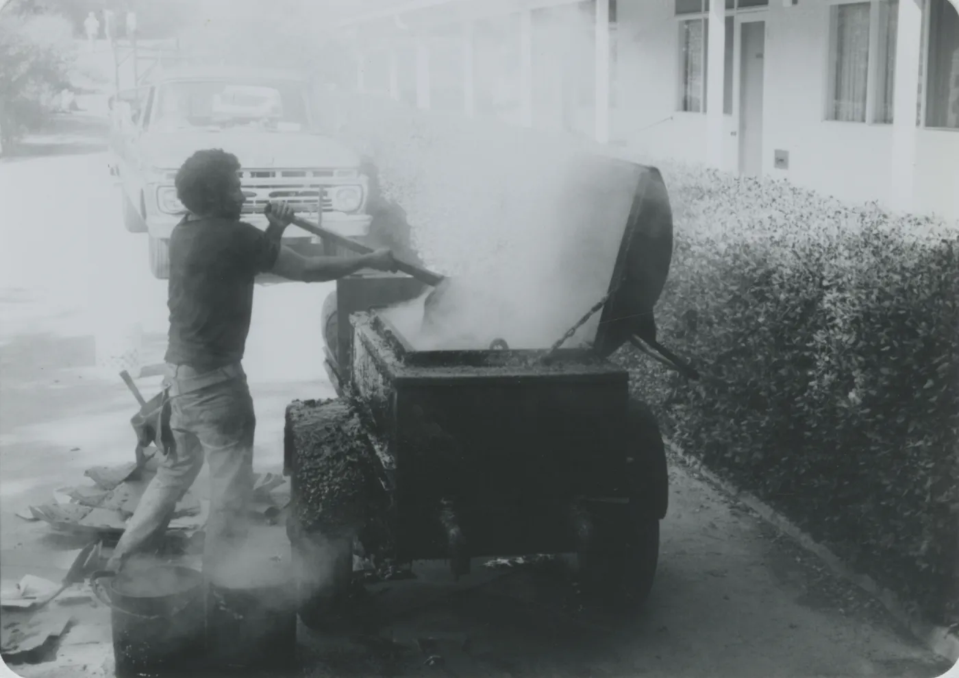 Blaksley Library, mixing tar to re-roof the West Wing annex