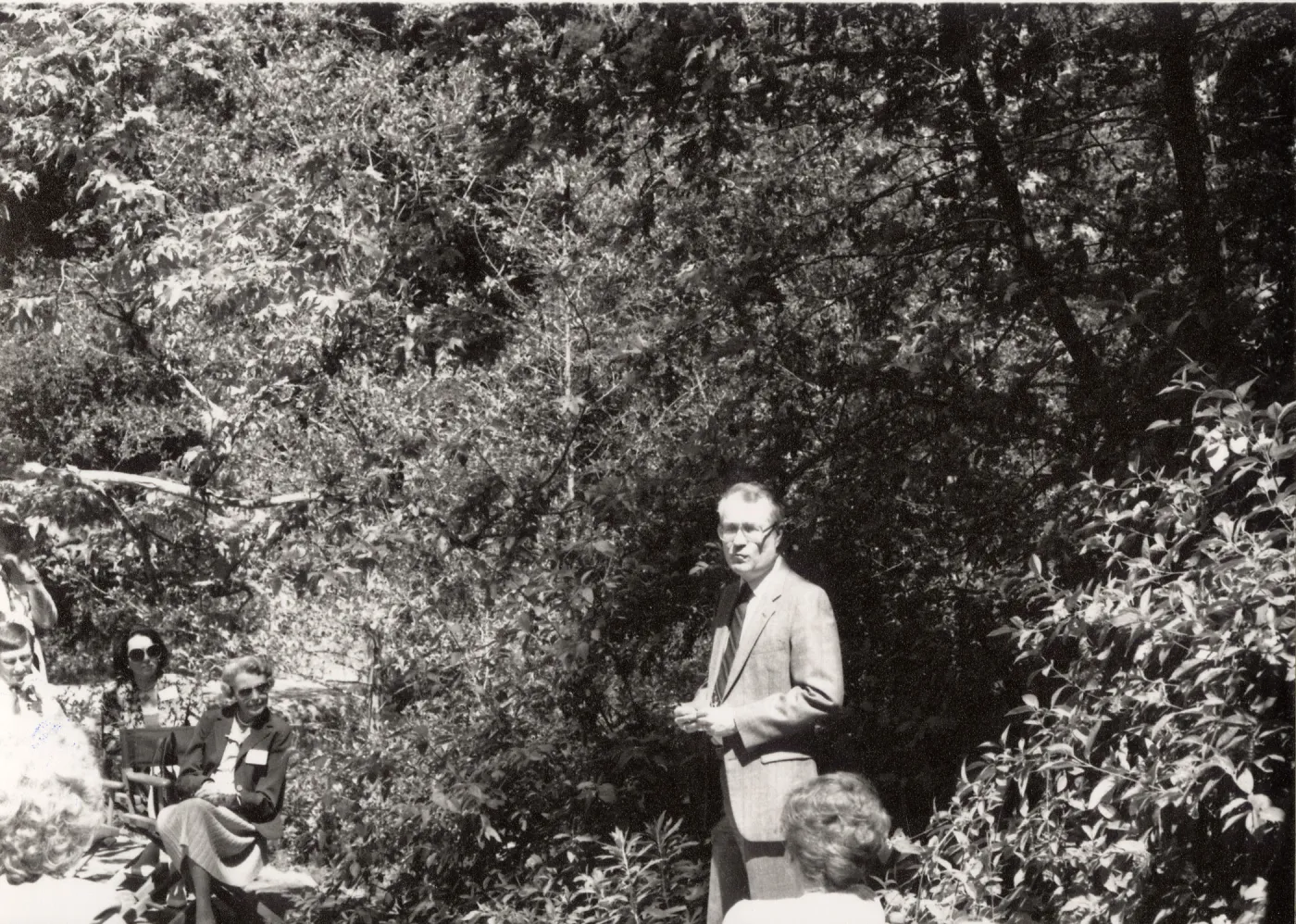 Russell Chandler, Editor of Religion Section, L.A. Times, Dedication of Mission Dam railing