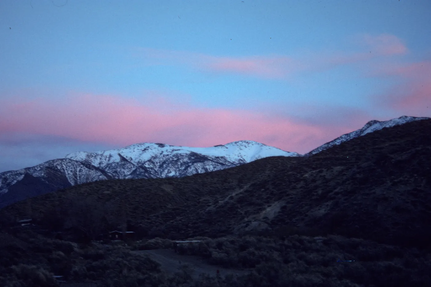 pink clouds at sunset, snow covered mountain, Wild Rose Canyon