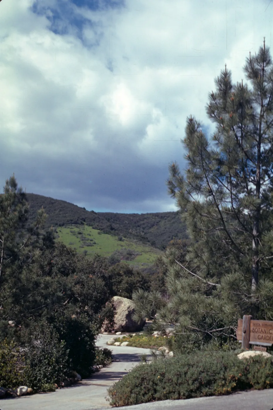 old driveway Entrance to Garden, old wood sign at Mission Canyon Road entrance