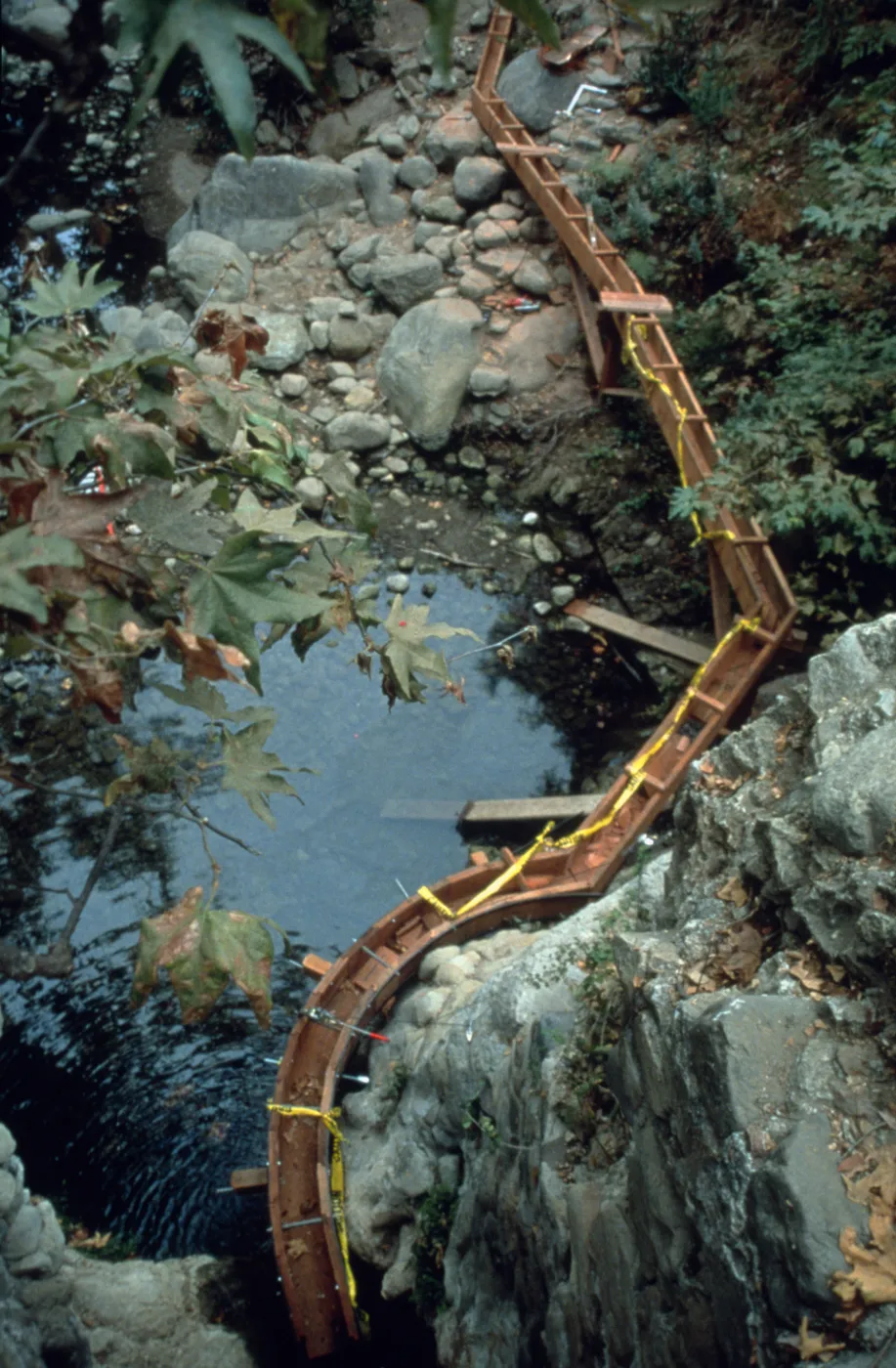 construction of the redwood flume below the Old Mission Dam