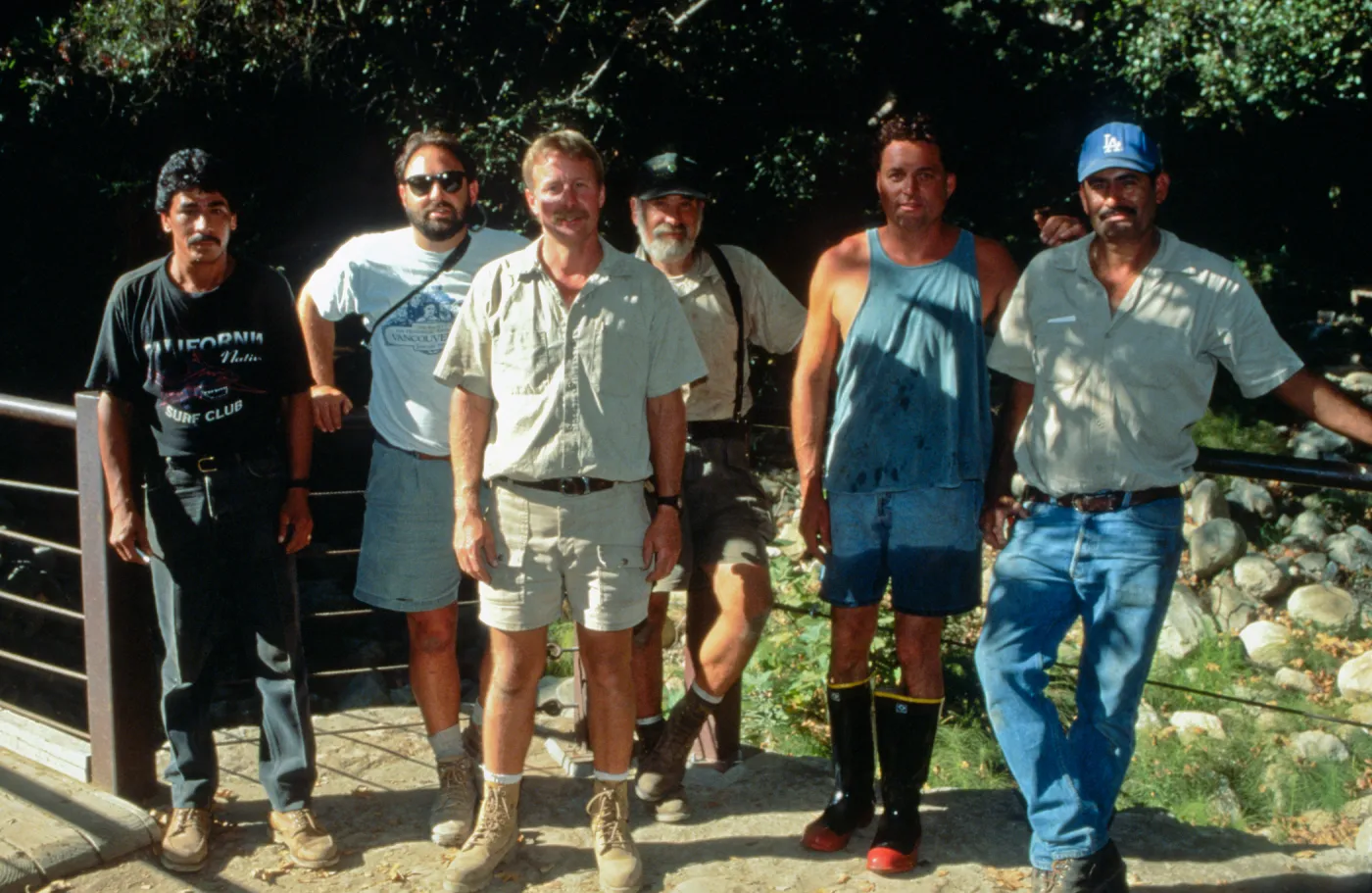 redwood flume construction team with SBBG gardeners, Mission Dam