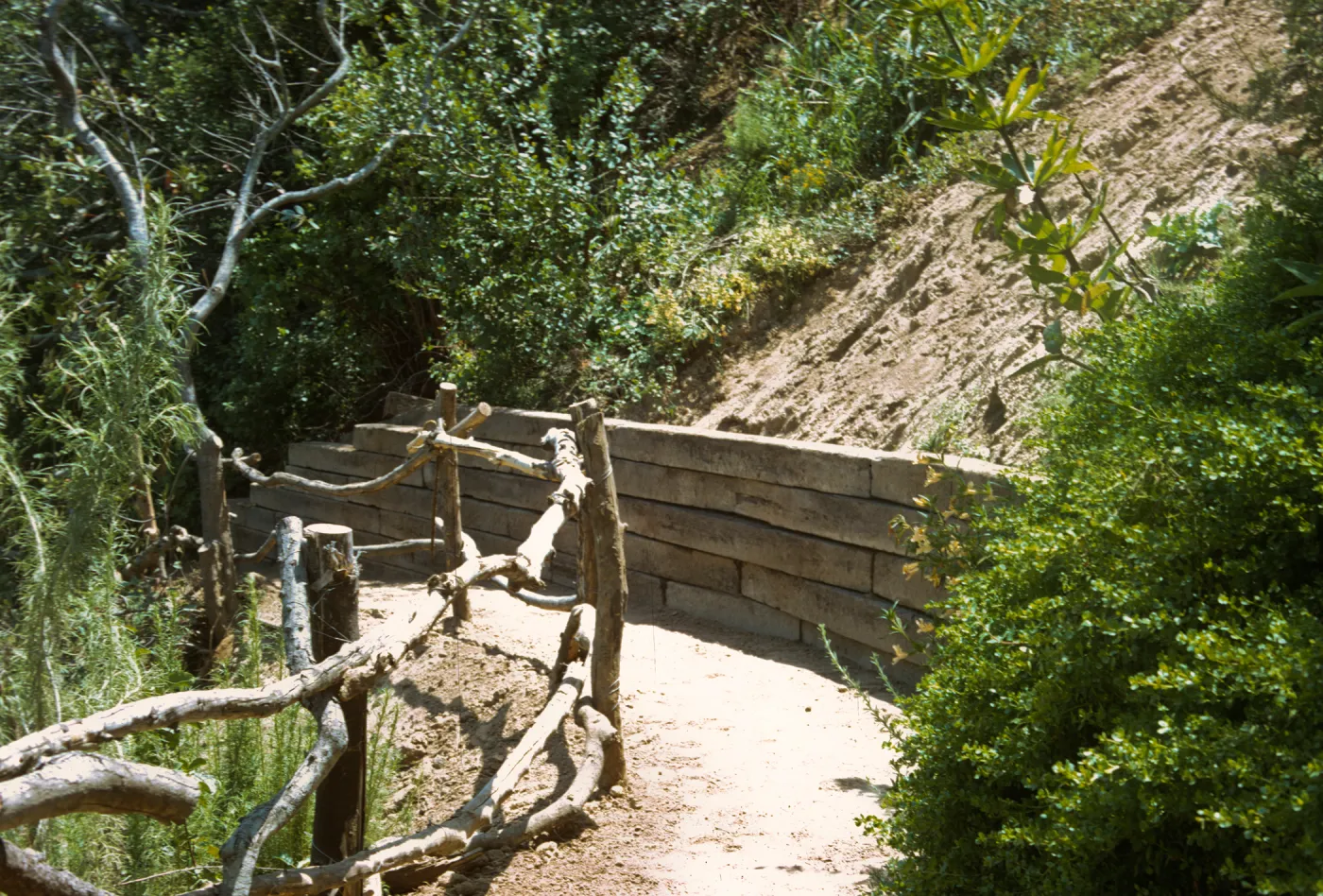Pritchett Trail Reconstruction, railroad tie retaining wall, branch fence