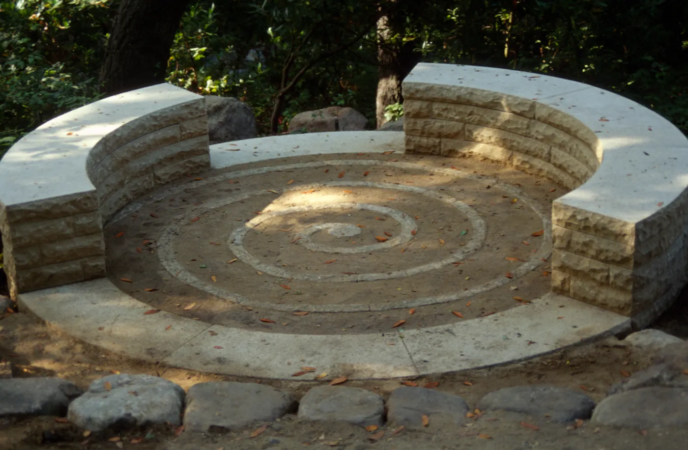 Close up of Spiral bench in Fiber Arts Display with signage