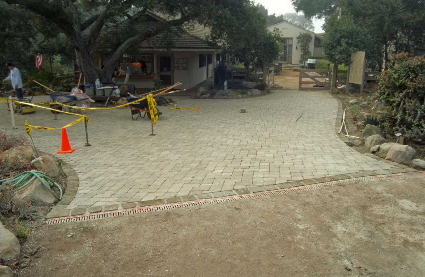 New pavered path at Garden Entrance, entrance oak
