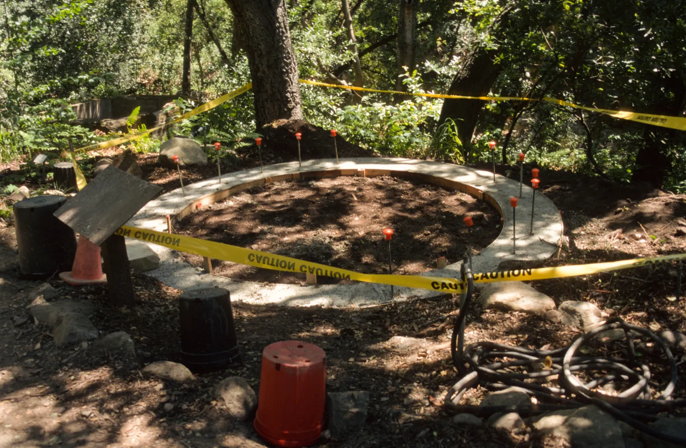 construction of new circular stone bench in the Canyon, Hall Bench