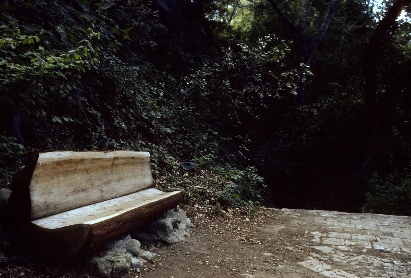 wood bench on east side of Mission Dam, Mission Canyon