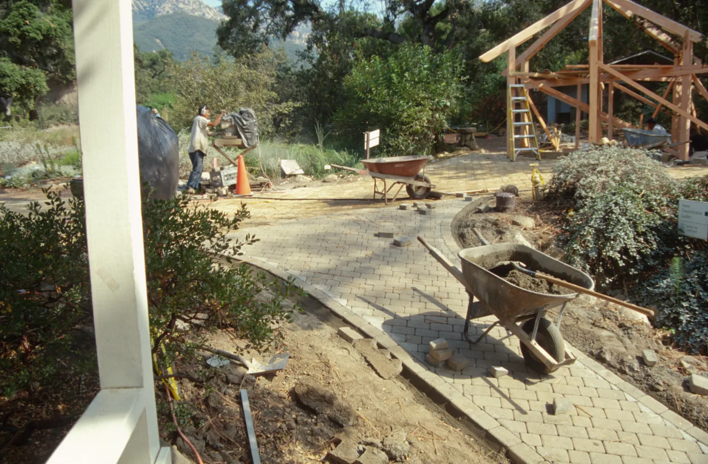 construction of the entrance kiosk and stone pavers